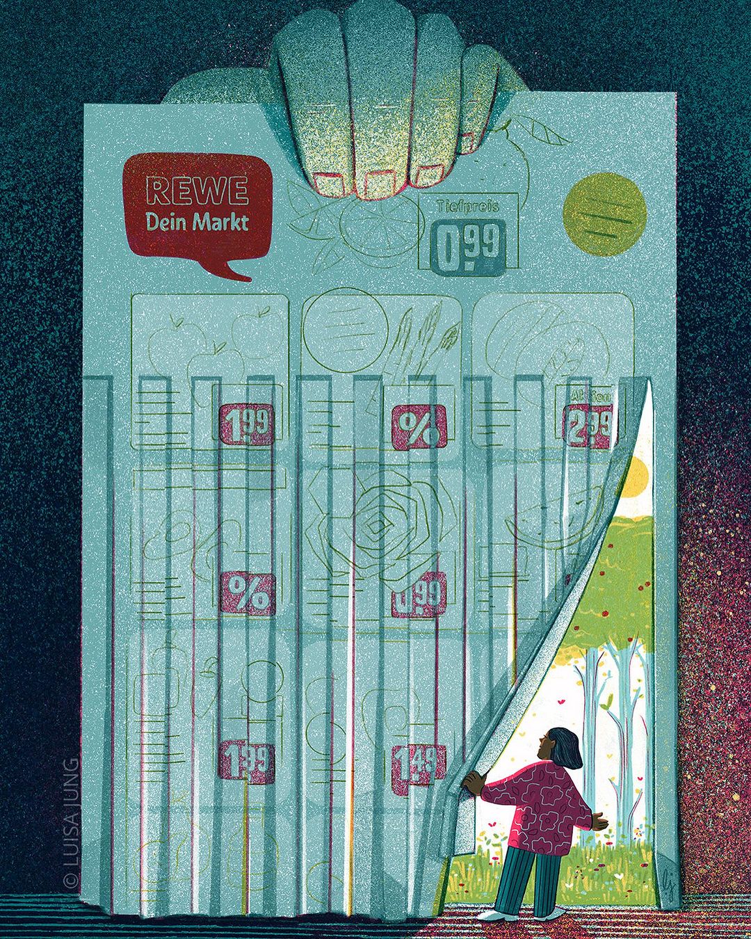 Illustration of a person pulling back a curtain with supermarket prices printed on it to reveal a sunlit park landscape.
