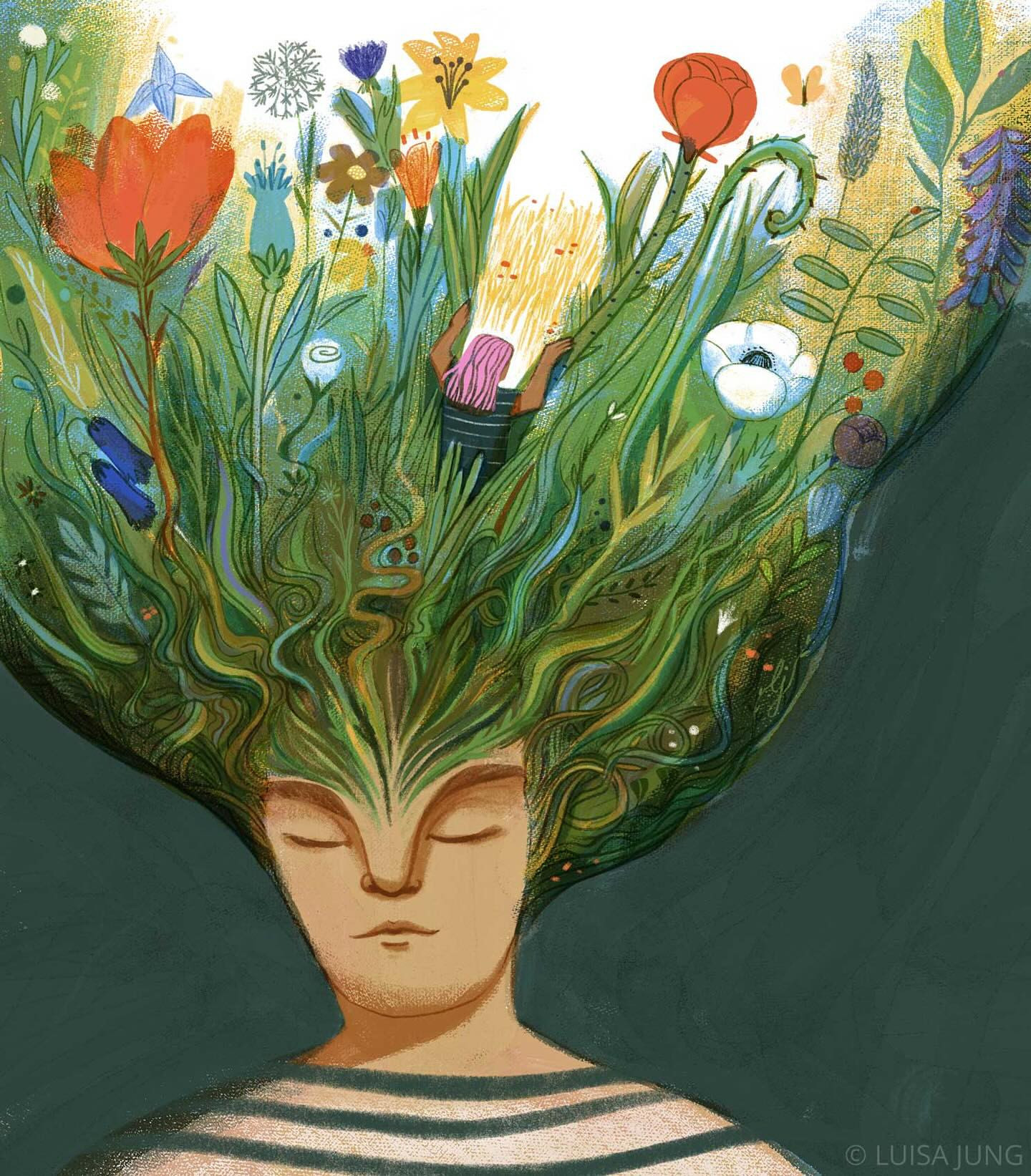 Illustration of a person with closed eyes and flowers growing from their head, set against a dark green background with painterly style.