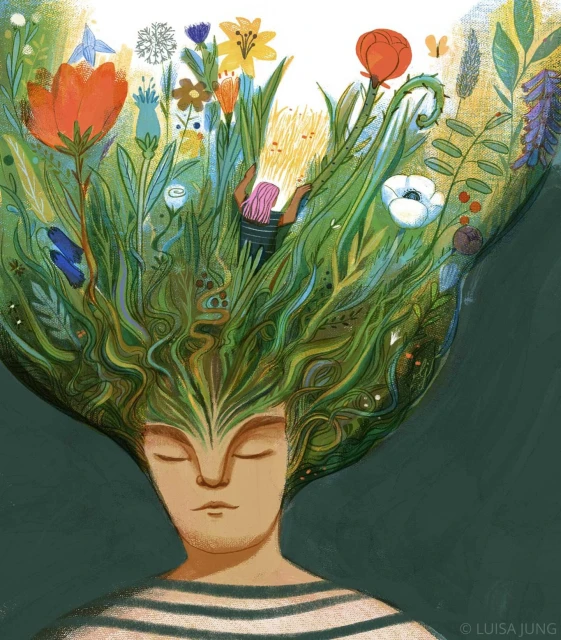 Illustration of a person with closed eyes and flowers growing from their head, set against a dark green background with painterly style.
