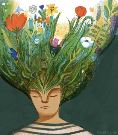 Illustration of a person with closed eyes and flowers growing from their head, set against a dark green background with painterly style.