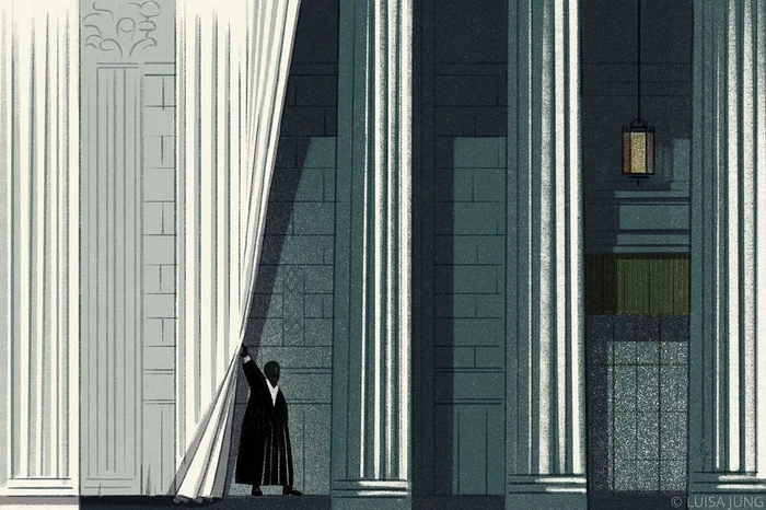 Illustration by Luisa Jung showing a figure pulling back a large curtain between classical columns at night.