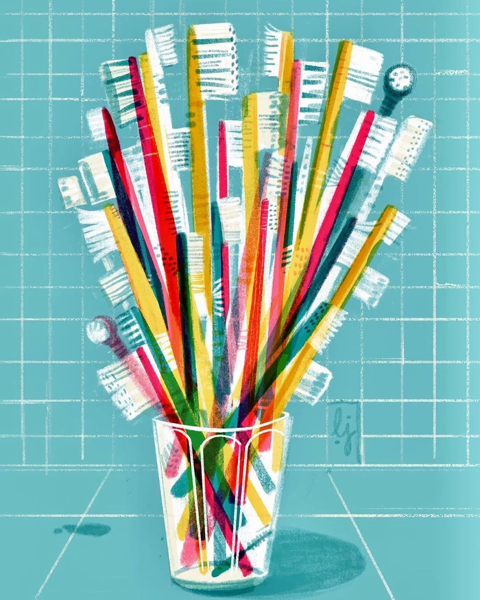 An illustration of a glass filled with a dense bundle of colorful toothbrushes against a turquoise tiled background.