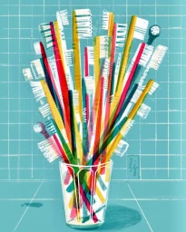 An illustration of a glass filled with a dense bundle of colorful toothbrushes against a turquoise tiled background.