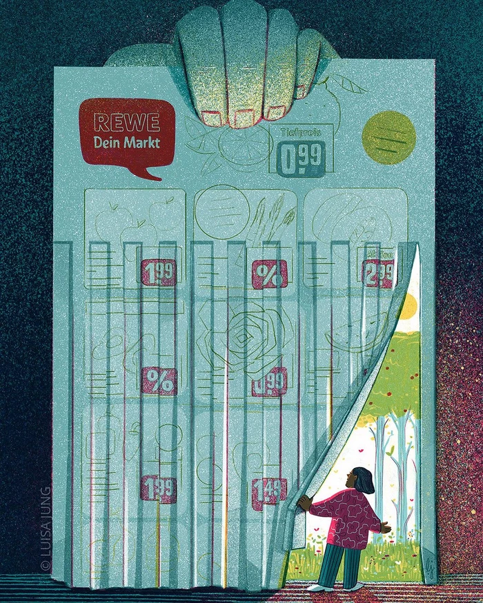 Illustration by Luisa Jung showing a person pulling back a vertical receipt showing REWE logo to reveal a sunny forest landscape.