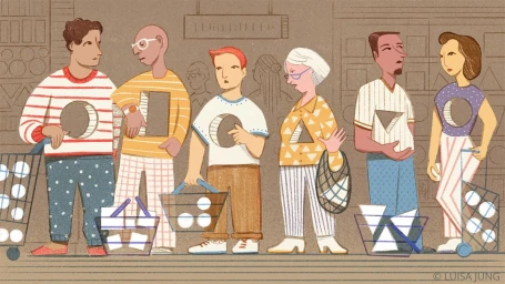 Digital illustration by Luisa Jung of a diverse group of people shopping in a grocery store, holding baskets with geometric items.