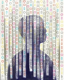 Illustration of a human silhouette fragmented by vertical patterned strips with colorful geometric shapes by Luisa Jung