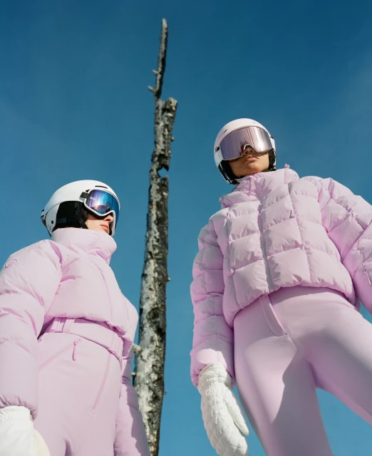 Two women in matching lavender ski suits, helmets, and goggles pose outdoors against a clear blue sky and the backdrop of a barren tree.