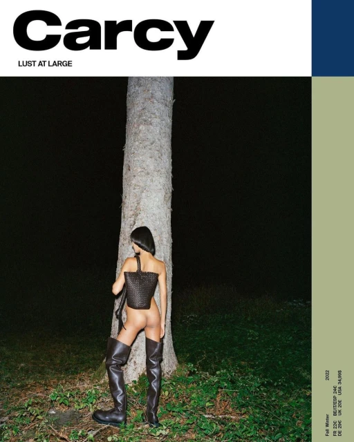 Fashion magazine cover featuring a partially nude woman in high boots posing by a tree, with the magazine title 'Carcy' visible.