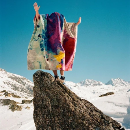 Person stands on snowy mountain peak beneath a colorful textile against blue sky, snow-covered peaks in the distance. Bright, outdoor setting.