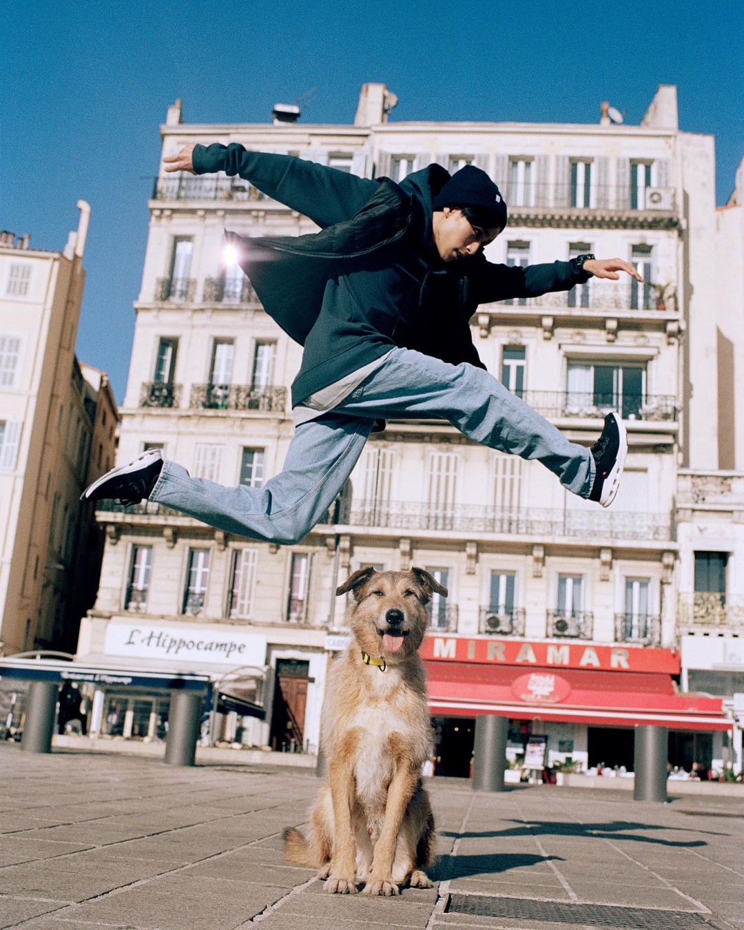 Adult male jumping in the air with a dog sitting on the ground; urban environment with building in background on a sunny day.