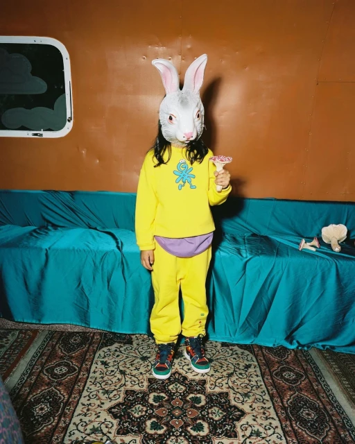 Child in rabbit mask with yellow sweatsuit holds mushroom, indoors against blue couch, patterned carpet and orange wall.