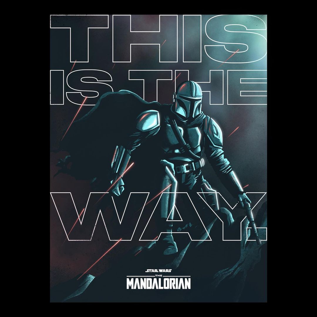 Illustration of a Mandalorian character in teal armor with a cape, holding a weapon, against a blurred black and red background.