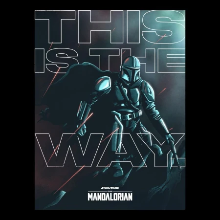 Illustration of a Mandalorian character in teal armor with a cape, holding a weapon, against a blurred black and red background.