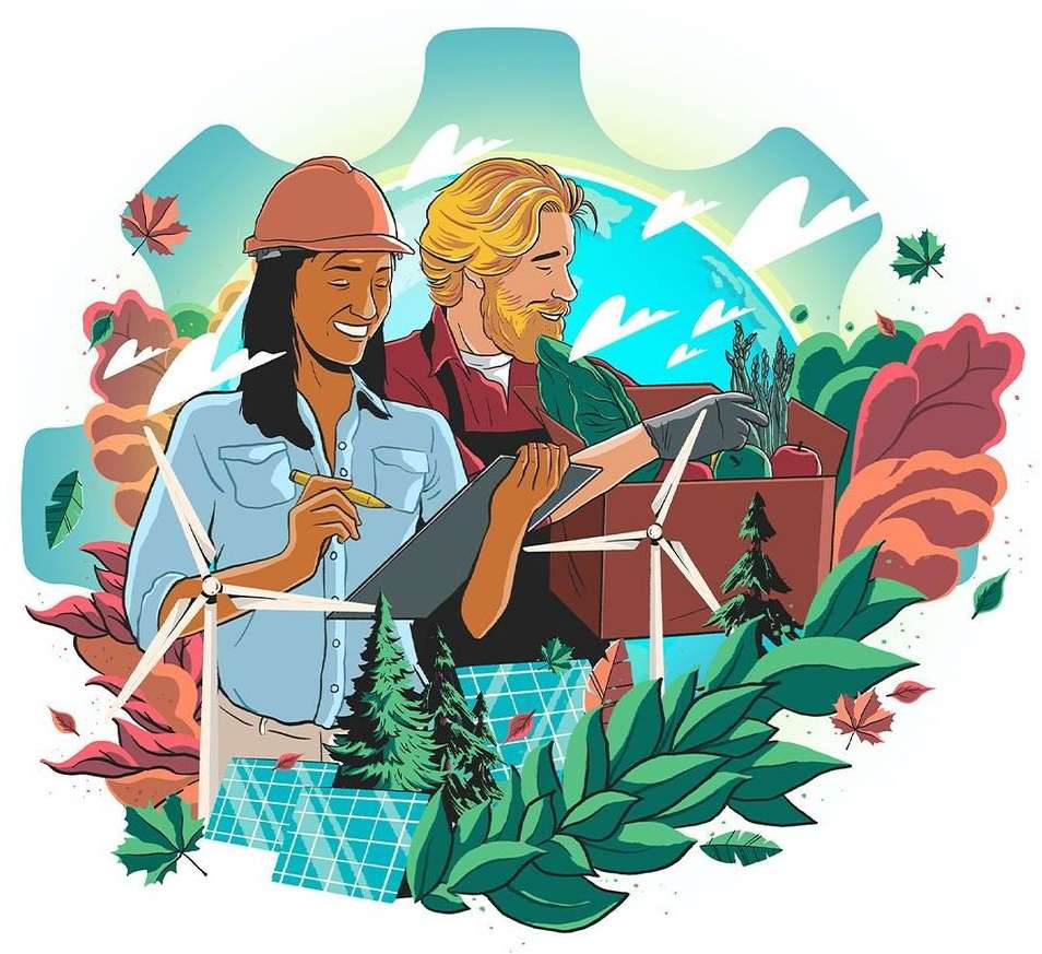 Illustration depicting a diverse pair examining produce and plans amidst wind turbines and solar panels, set against a backdrop of rolling hills.
