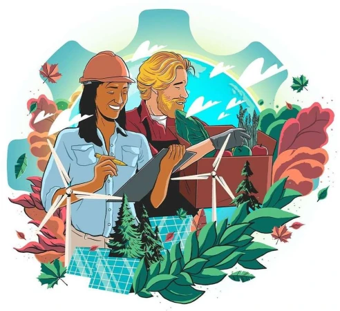 Illustration depicting a diverse pair examining produce and plans amidst wind turbines and solar panels, set against a backdrop of rolling hills.