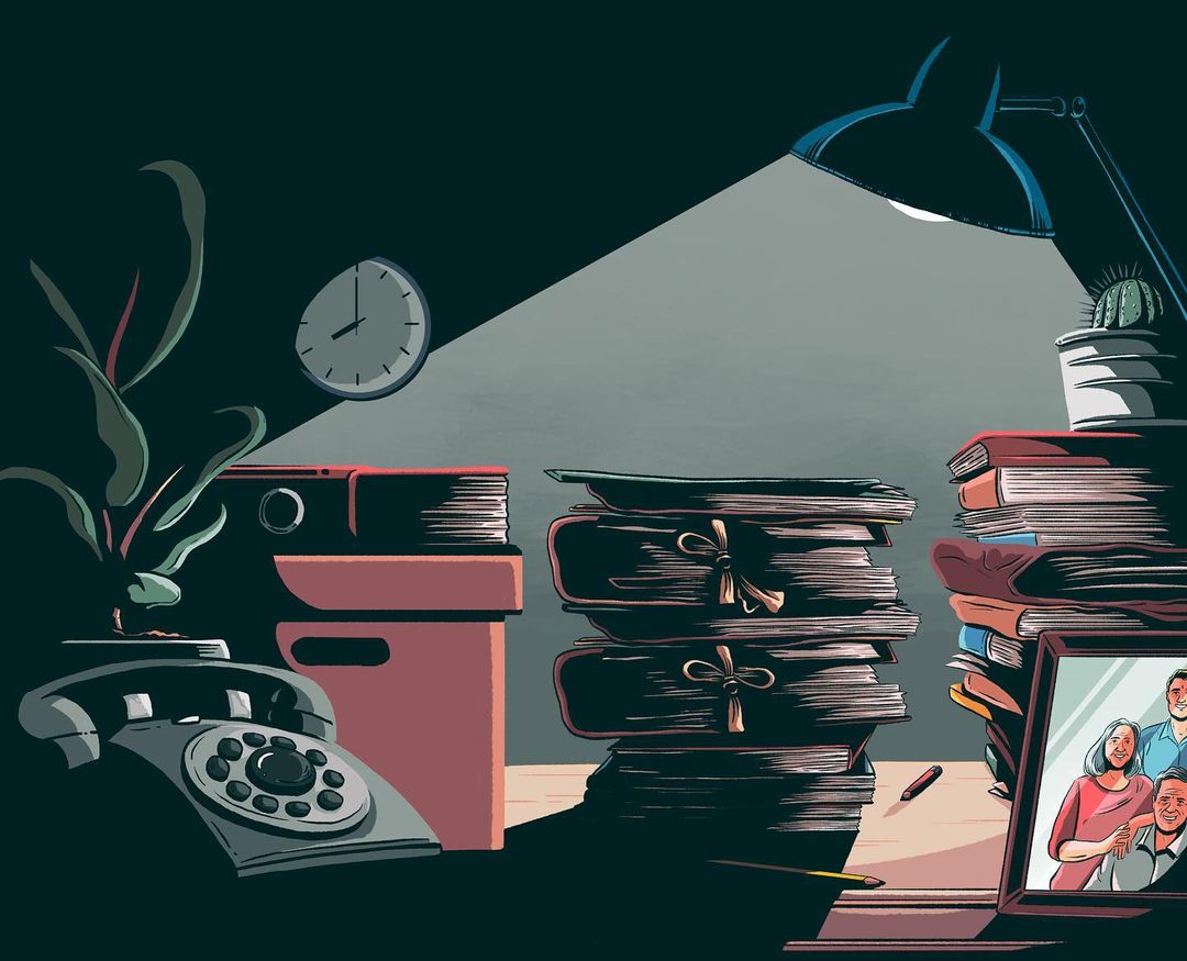 Illustration of a lamp illuminating a desk with stacks of books, a clock, a plant, and a framed family photo; dark background.
