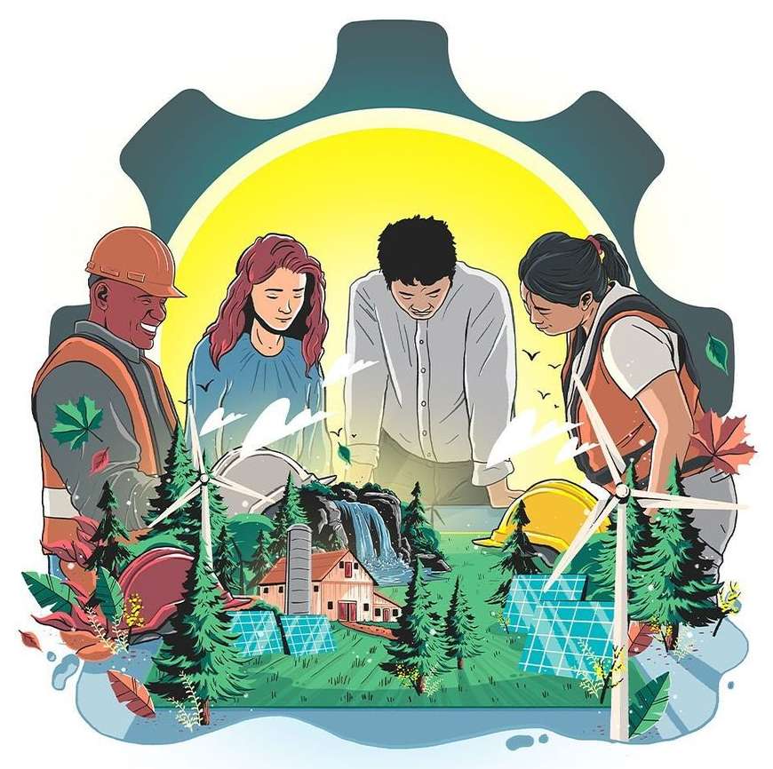 Illustration of four people in a gear shape above a landscape with solar panels, a barn, and wind turbines, symbolizing renewable energy.
