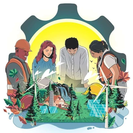 Illustration of four people in a gear shape above a landscape with solar panels, a barn, and wind turbines, symbolizing renewable energy.