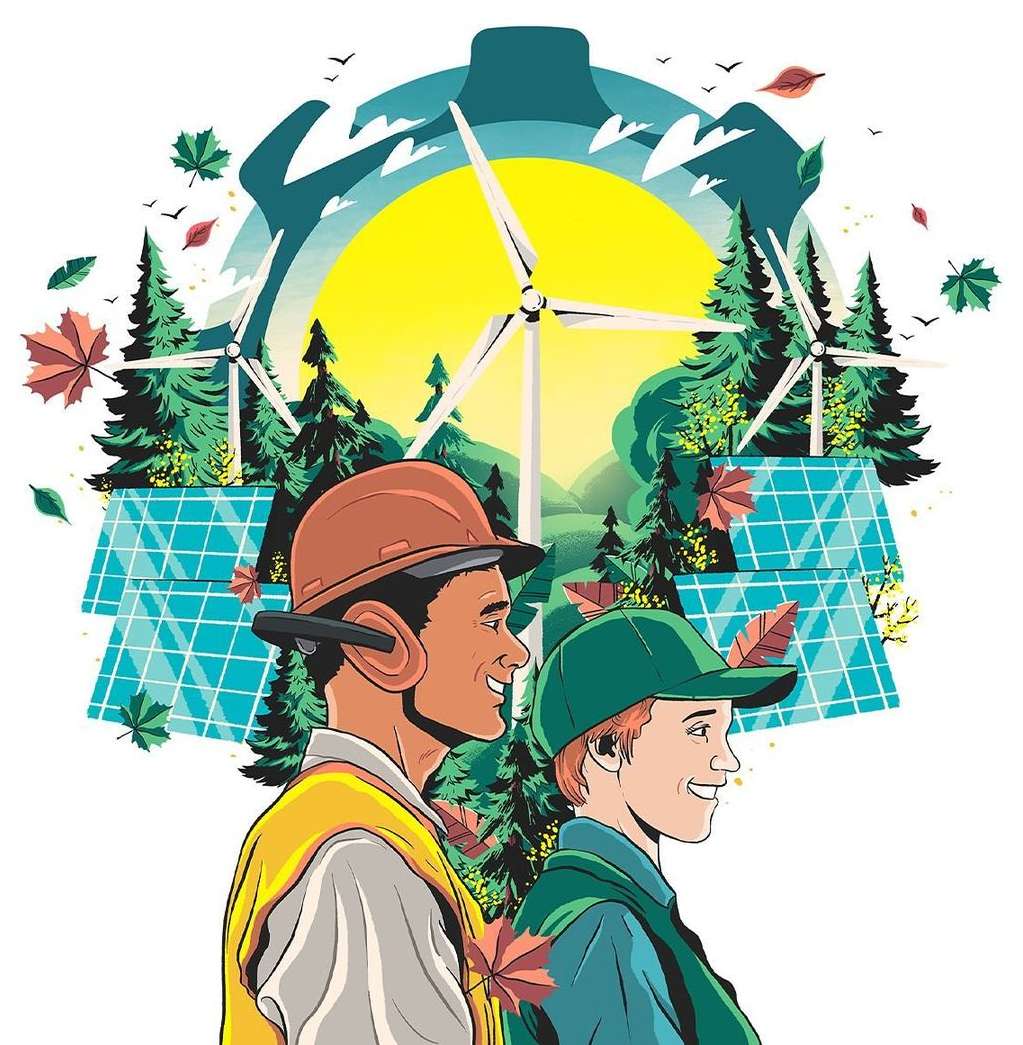 Illustration of two smiling workers standing in front of a landscape with wind turbines and solar panels, symbolizing green energy.
