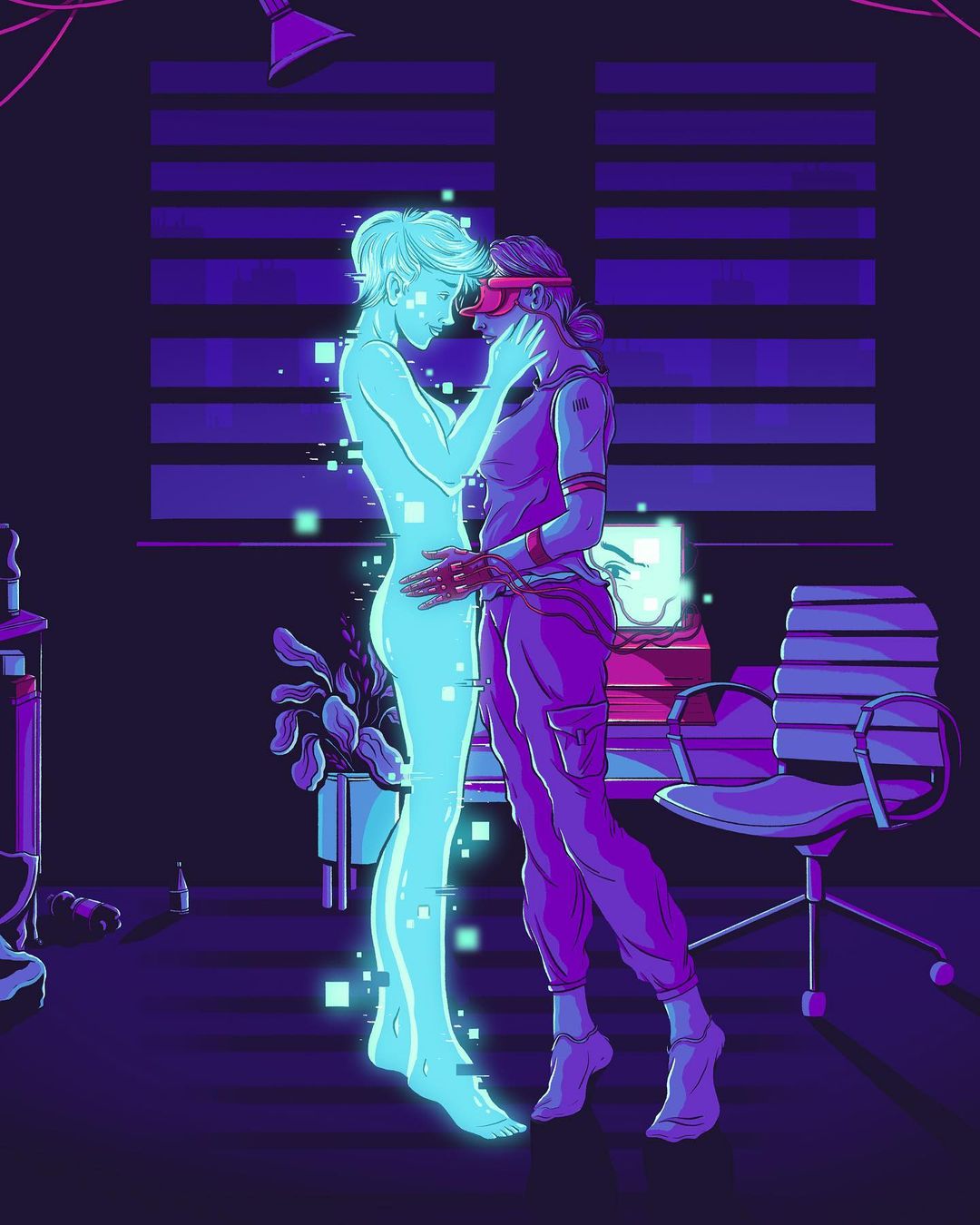 Illustration of two women in an embrace, one depicted as a blue, translucent digital figure, set against a dark, atmospheric room.