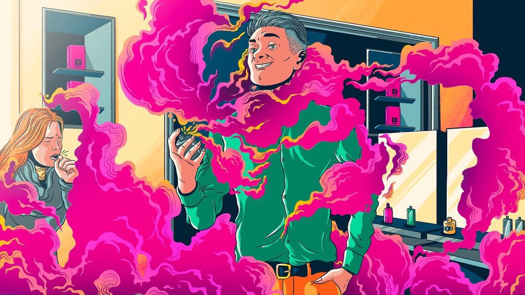 Illustration of adult man surrounded by pink vapor holding a spray can, and adult woman coughing in the background in an indoor setting.