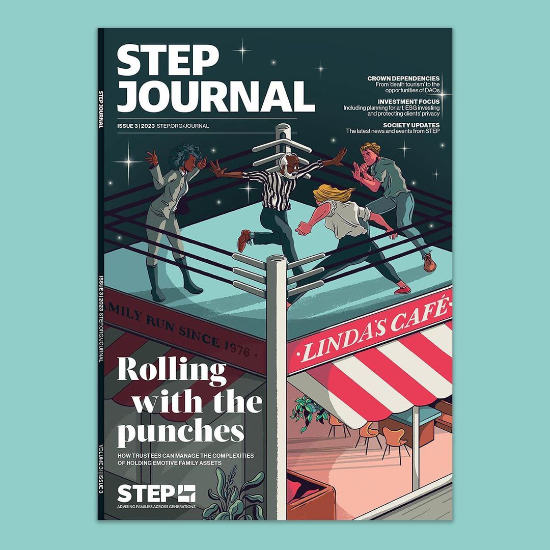 Magazine cover illustration depicting people in a boxing ring above 'Linda's Cafe' with the title 'Rolling with the punches'.