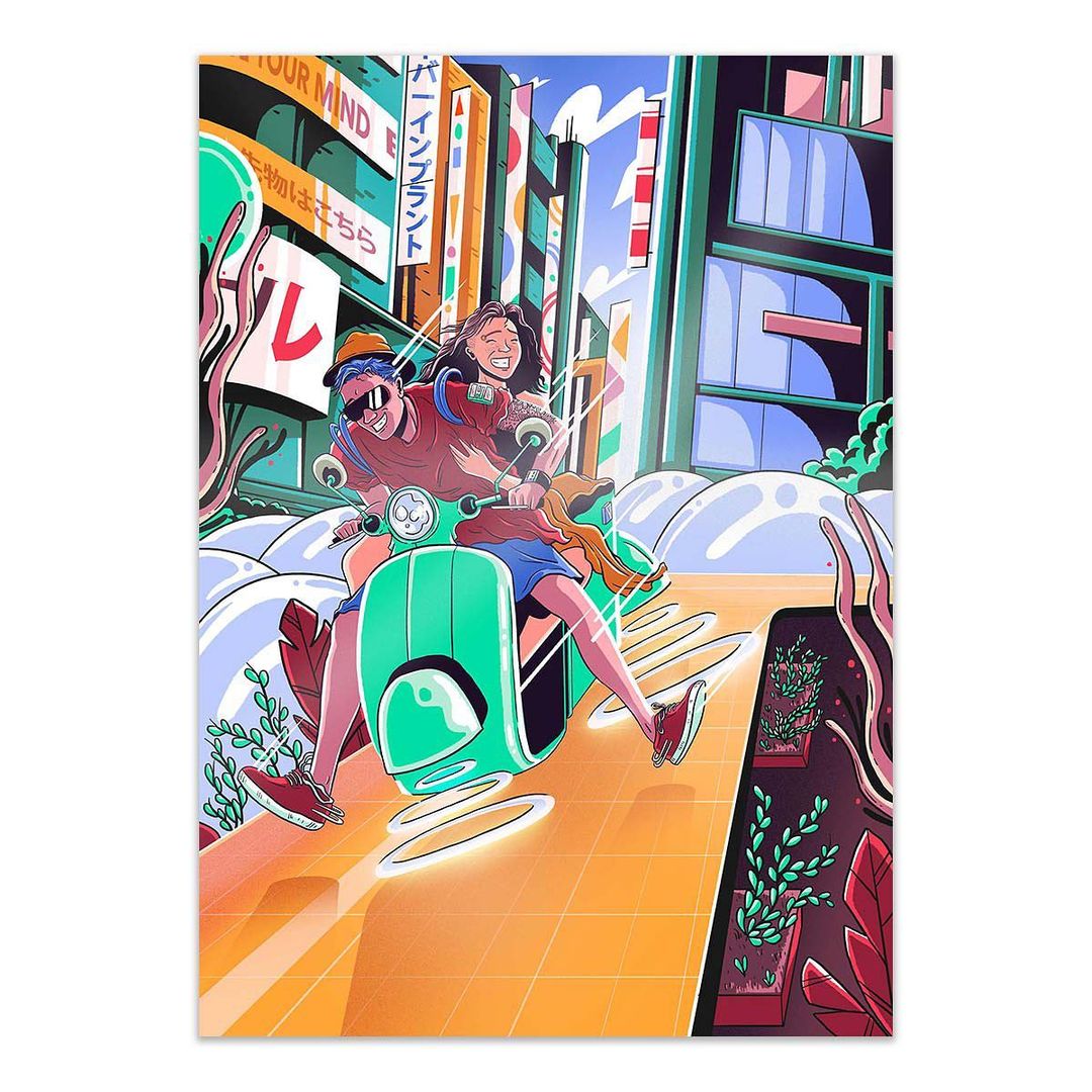 Illustration of a joyful couple riding a bright green scooter through a colorful city street, showcasing a sense of fun and adventure.