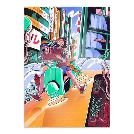 Illustration of a joyful couple riding a bright green scooter through a colorful city street, showcasing a sense of fun and adventure.