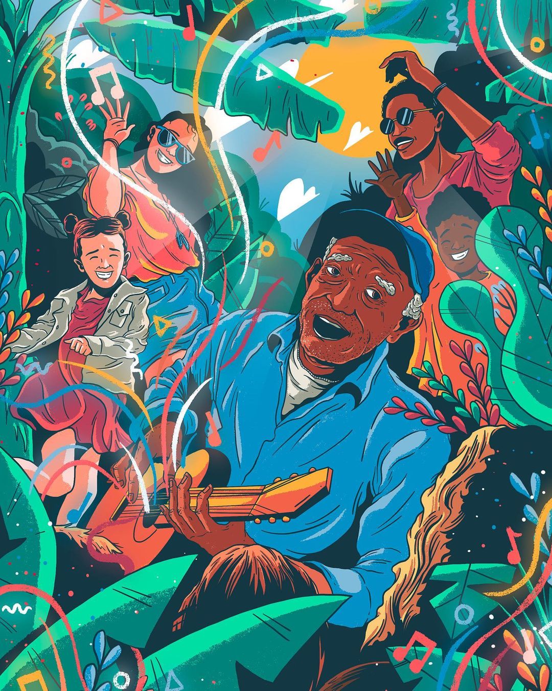 Illustration of a cheerful older man playing a guitar surrounded by younger people and lush tropical foliage with music notes floating around.