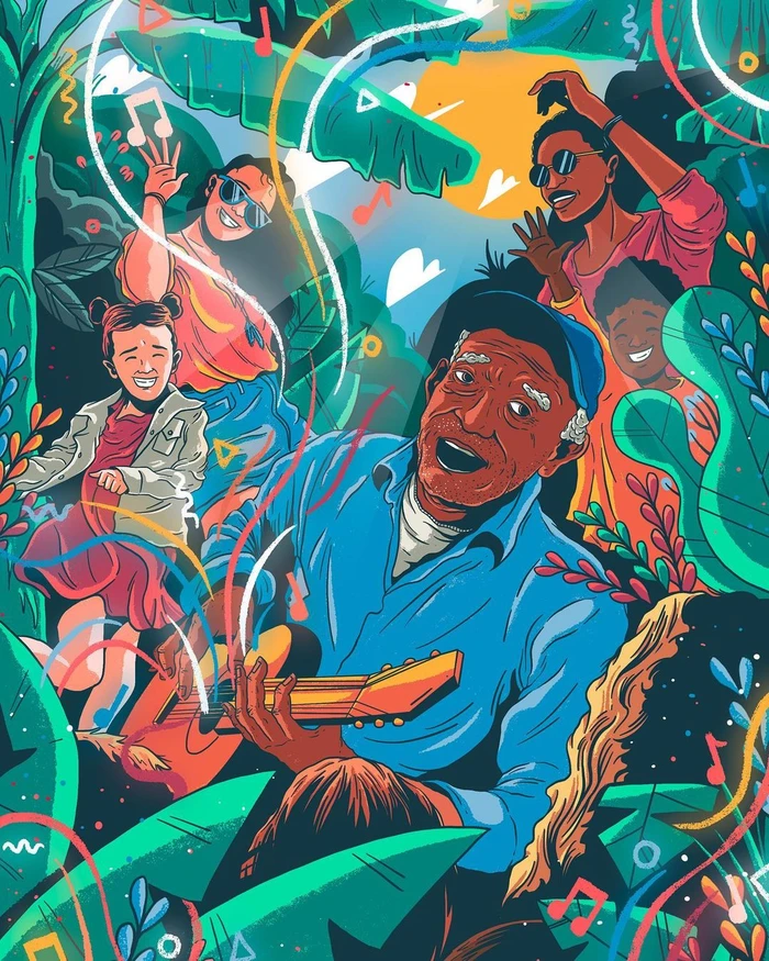 Vibrant illustration of an older man playing guitar surrounded by a joyful group of people amidst lush tropical foliage.
