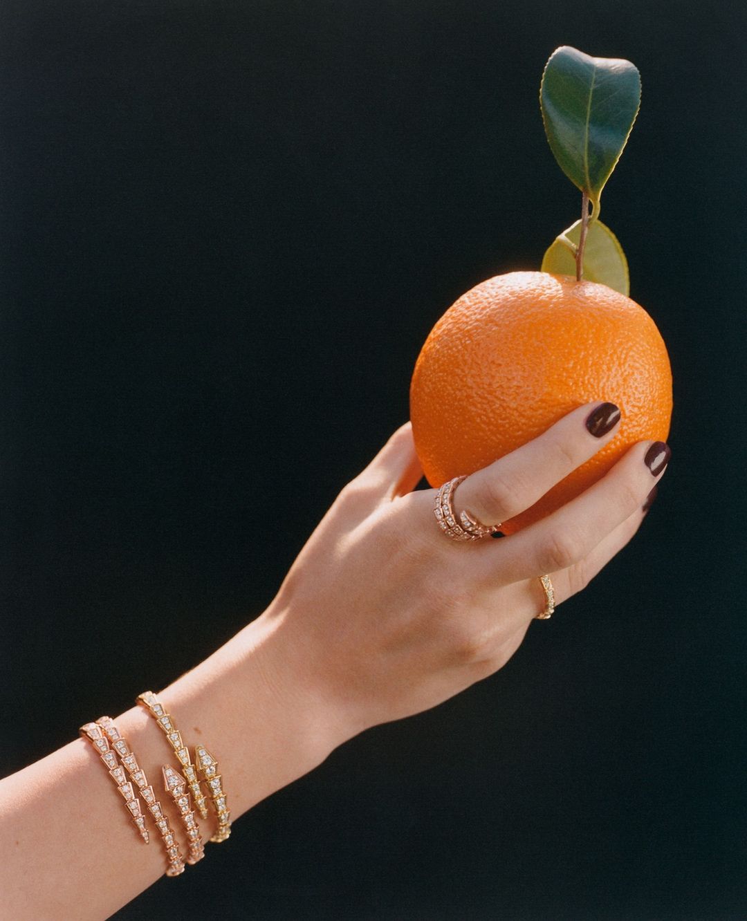 Close-up of a hand holding an orange with leaves, showcasing gold bracelets and rings against a dark backdrop.