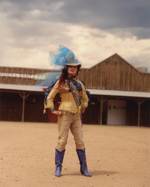 Adult female poses outdoors wearing cowboy boots, hat, and fringed attire, standing confidently in a desert-like setting under a cloudy sky.