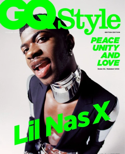 GQ Style magazine cover featuring Lil Nas X wearing a metallic collar and black suit on a light backdrop, bright green text overlay.