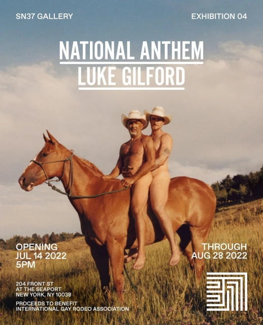 Artwork featuring two shirtless men in cowboy hats riding a horse in a grassy field, promoting an exhibition titled 'National Anthem'.