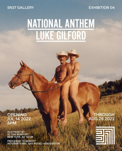 Art gallery poster featuring two nude men in cowboy hats riding a horse in a field for the exhibition of Luke Gilford.