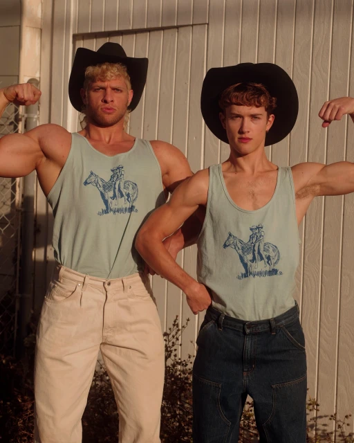 Two adult males wearing cowboy hats and matching blue tank tops with horse rider graphic flex their bicep muscles in an outdoor setting.