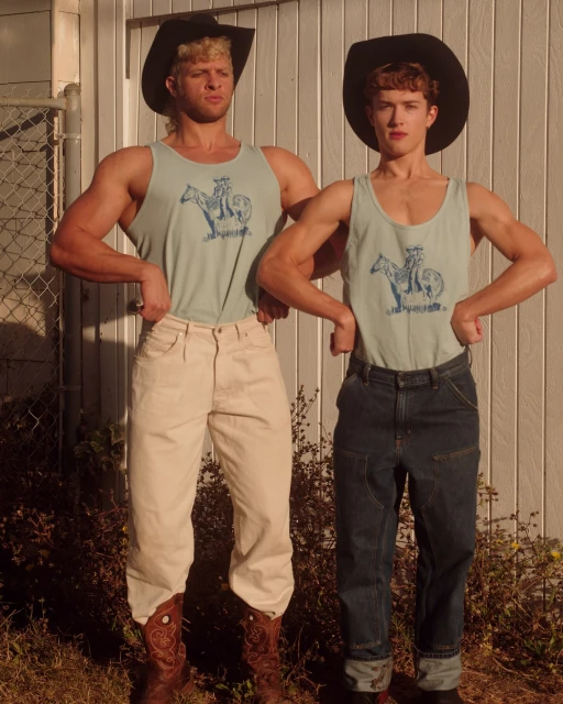 Two adult males strike a pose in cowboy hats and tank tops featuring horse graphics, complemented by cowboy boots and a backyard setting.