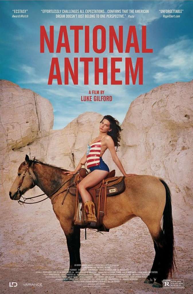Movie poster for 'National Anthem' featuring a woman in a swimsuit riding a horse in a desert landscape under a bright blue sky.