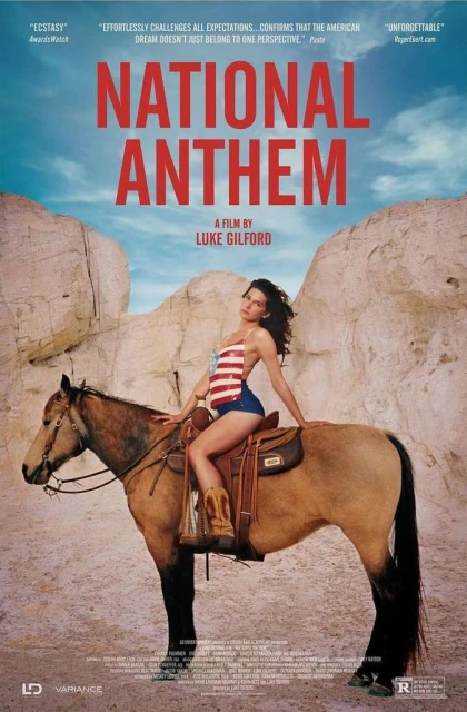 Movie poster for 'National Anthem' featuring a woman in a swimsuit riding a horse in a desert landscape under a bright blue sky.