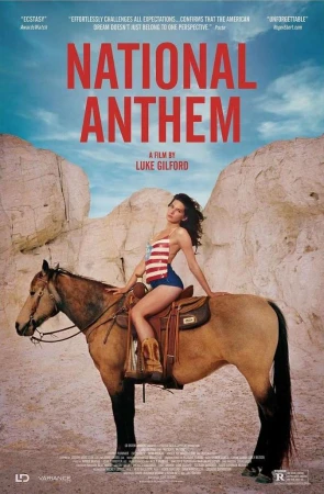 Movie poster for 'National Anthem' featuring a woman in a swimsuit riding a horse in a desert landscape under a bright blue sky.