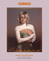 Portrait of Robyn wearing a white cropped turtleneck sweater and patterned bra by photographer Luke Gilford.