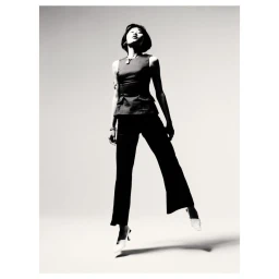 Low-angle monochrome photograph of an East Asian woman jumping against a bright white background wearing dark clothing.