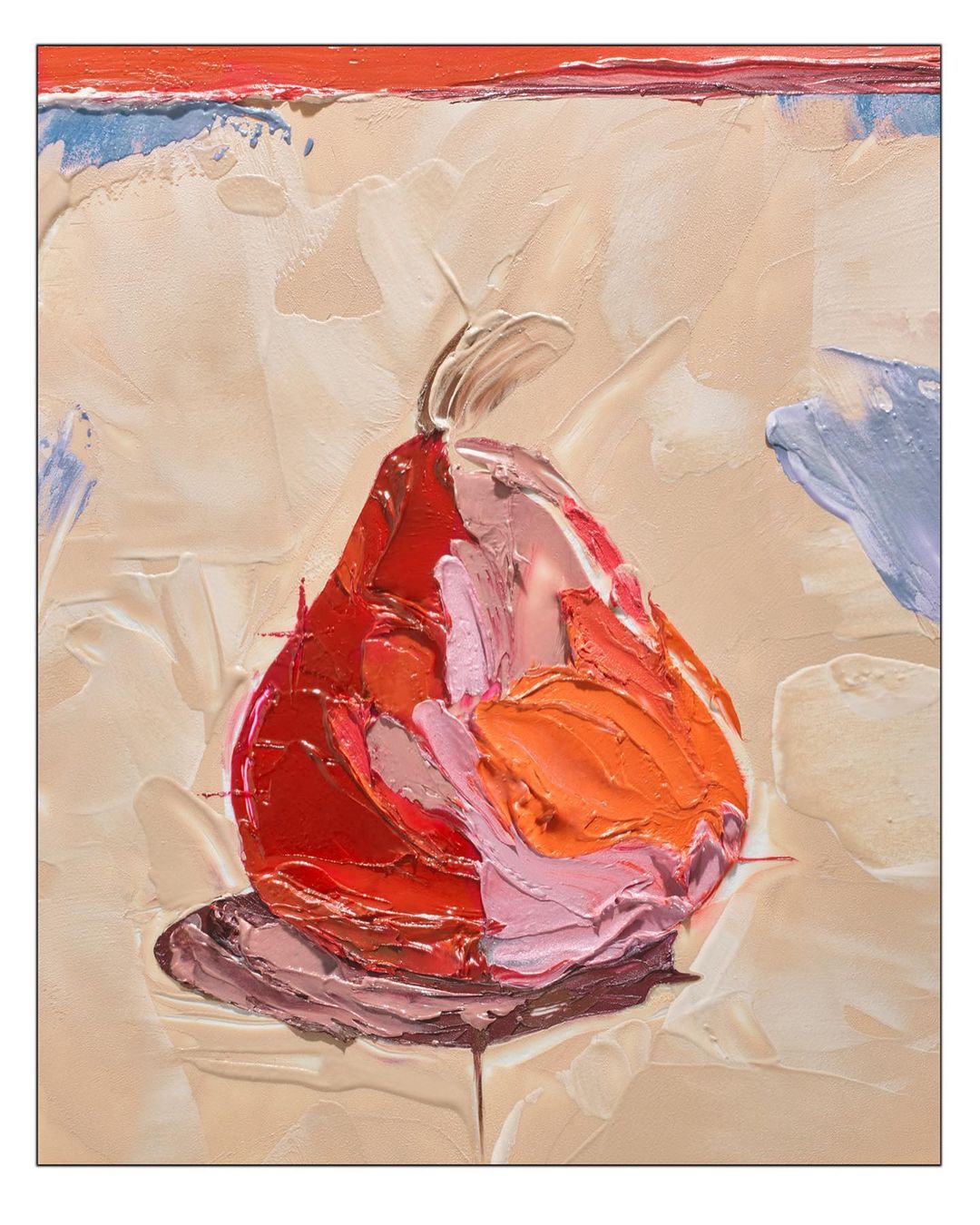 Painterly still life of a red pear with visible brush strokes and palette knife work on a cream and orange textured background.