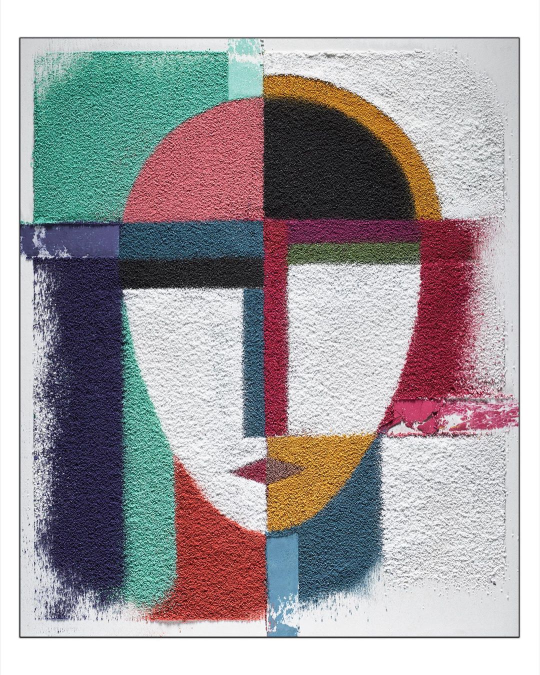 Abstract portrait painting features a face made of white texture against teal, red, and pink blocks, with geometric shapes and lines.