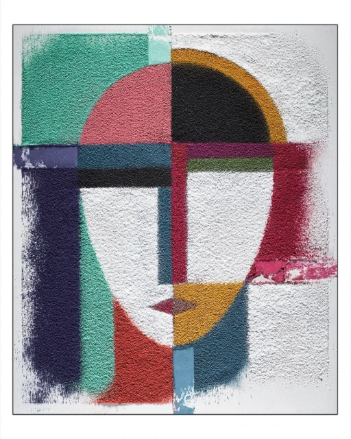 Abstract portrait painting features a face made of white texture against teal, red, and pink blocks, with geometric shapes and lines.