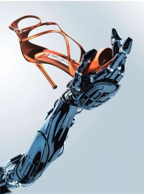 Metallic robot arm holding a Jimmy Choo stiletto heel shoe against a gradiated light blue background in a studio setting.