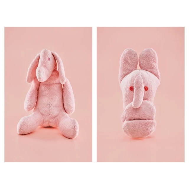 Two pink plush toys, one resembling a rabbit and the other an elephant's head, sit against a pastel pink background in a studio setup.