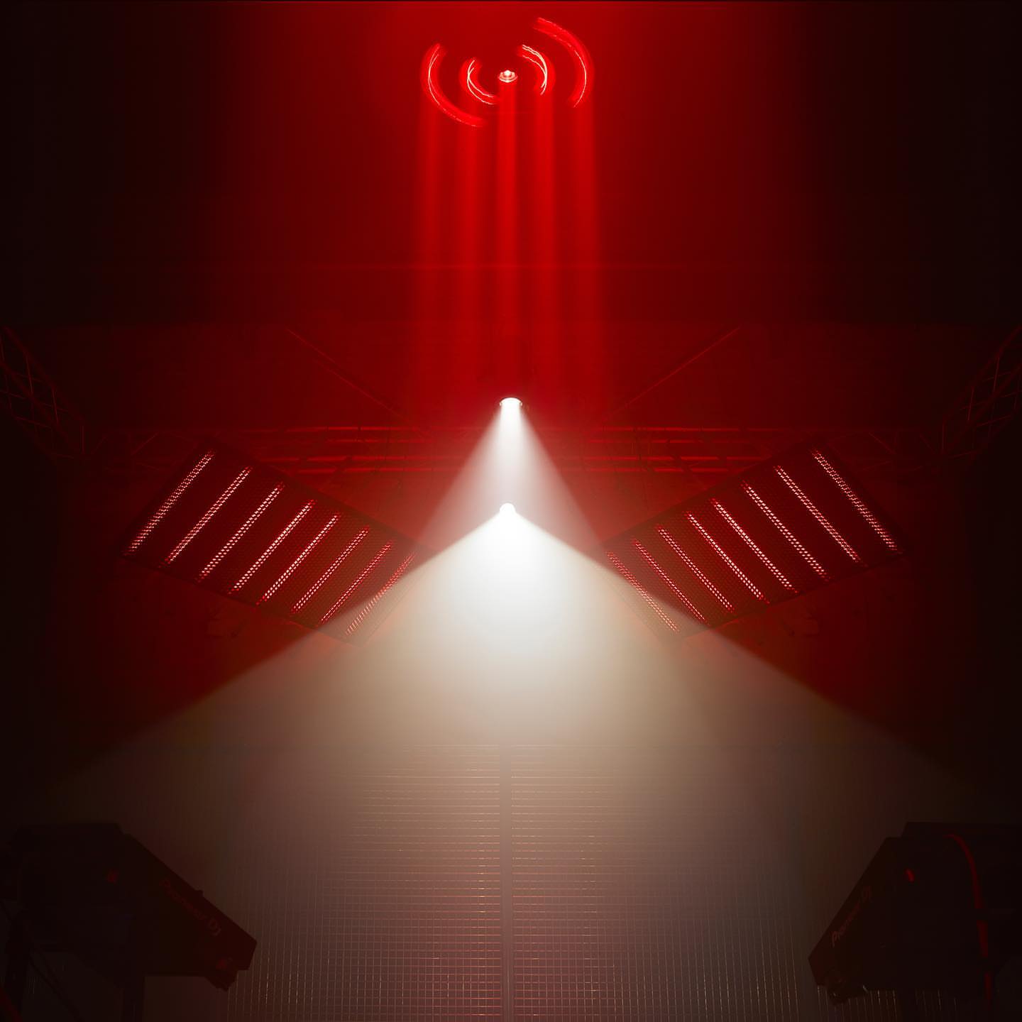Abstract lighting with bright white beams, red halo shape, and grid patterns against a red background for artistic effect.
