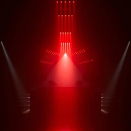 Symmetrical stage lit with intense red overhead spotlights and angled white side beams in a dark venue.
