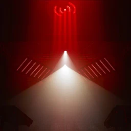 Dramatic red and white spotlight beams cutting through atmospheric haze inside a dark studio space shot by Luke Kirwan